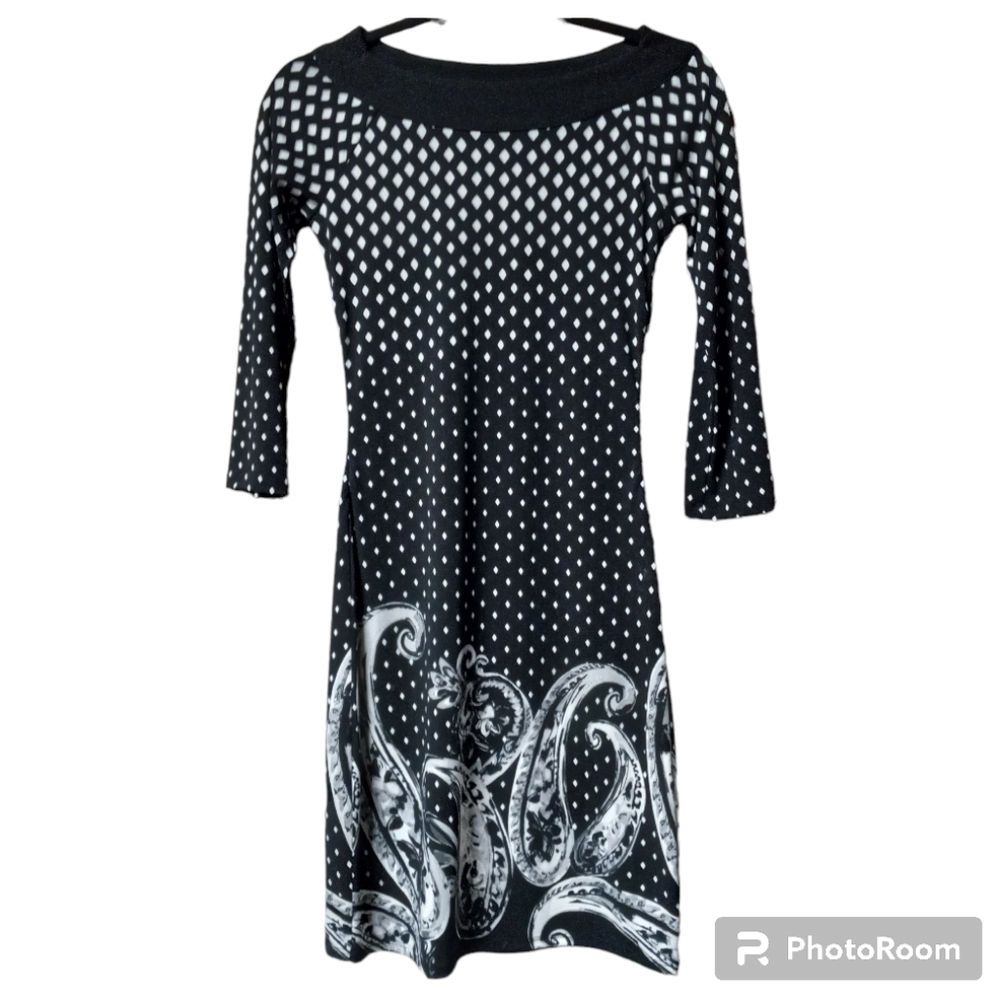 White House Black Market Boatneck 3/4 Sleeve Black White XXS Geometric Floral